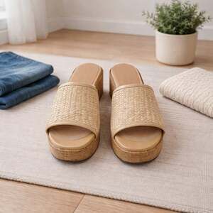 Seychelles Raffia Platform Slide Sandals Size 8 Natural Woven Boho